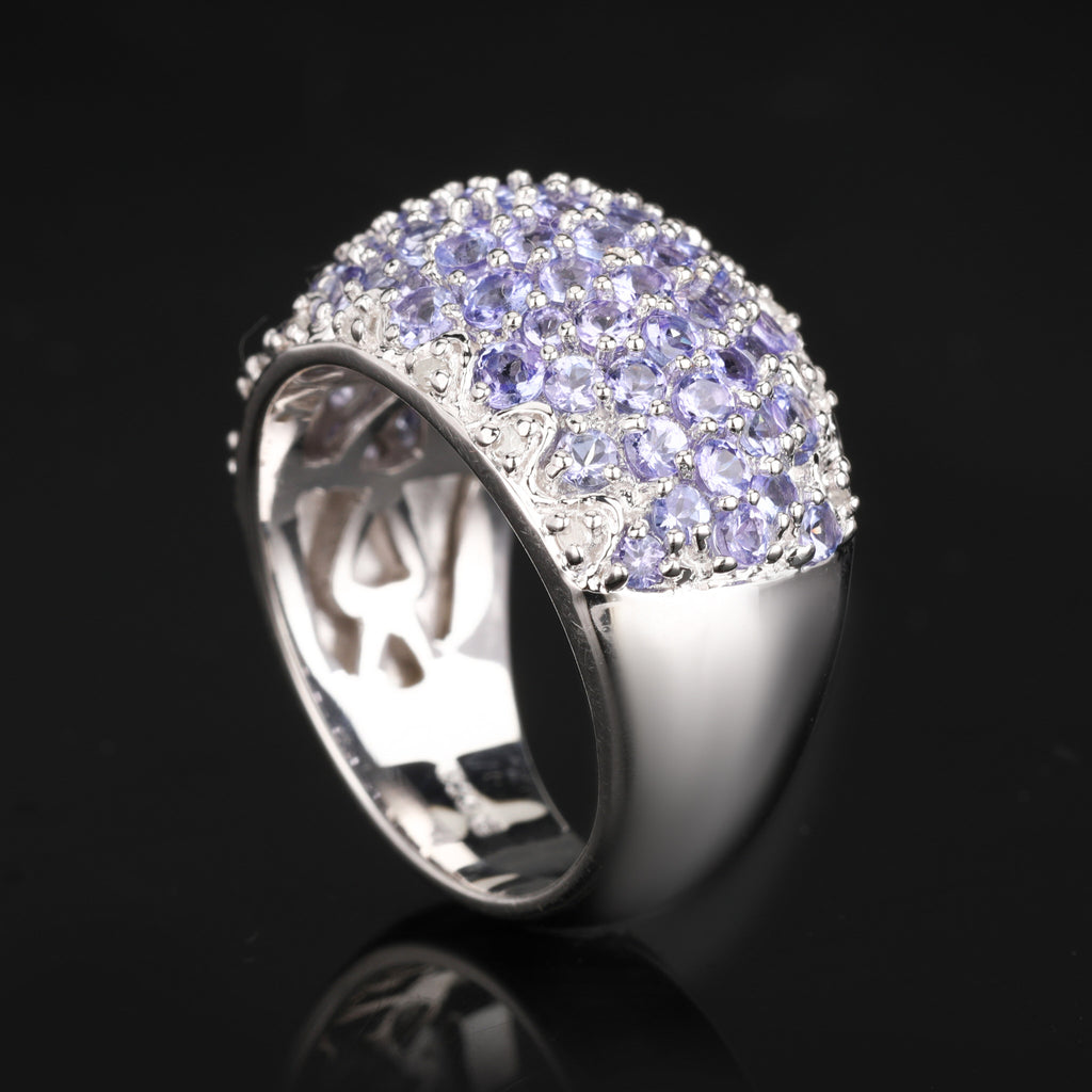 Natural Tanzanite Cluster Ring With Diamonds 3.01 Carats Sterling Silver