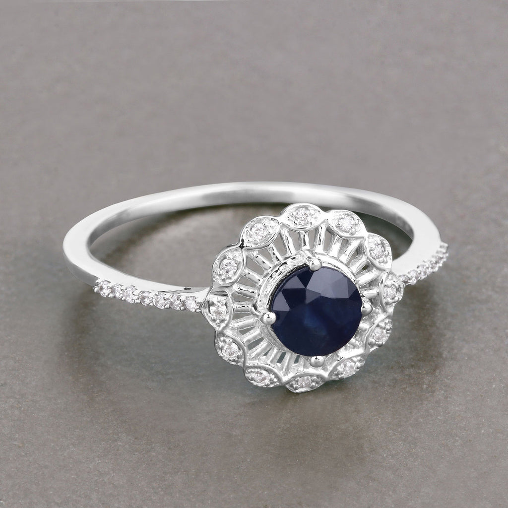 Blue Sapphire Ring With Diamonds 0.7 Carats 14K White Gold