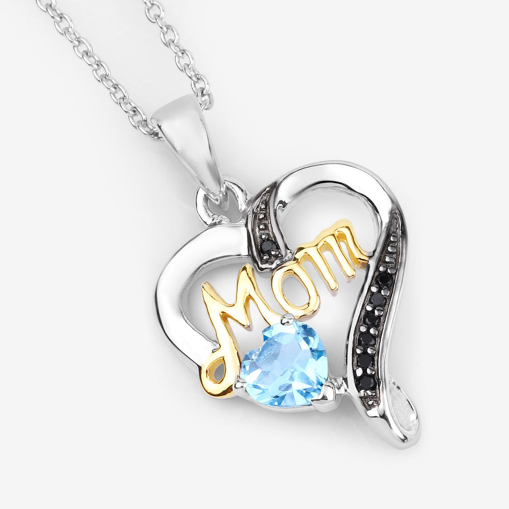 Swiss Blue Topaz Mom Pendant With Black Spinel 0.54 Carats Gold Plated Silver