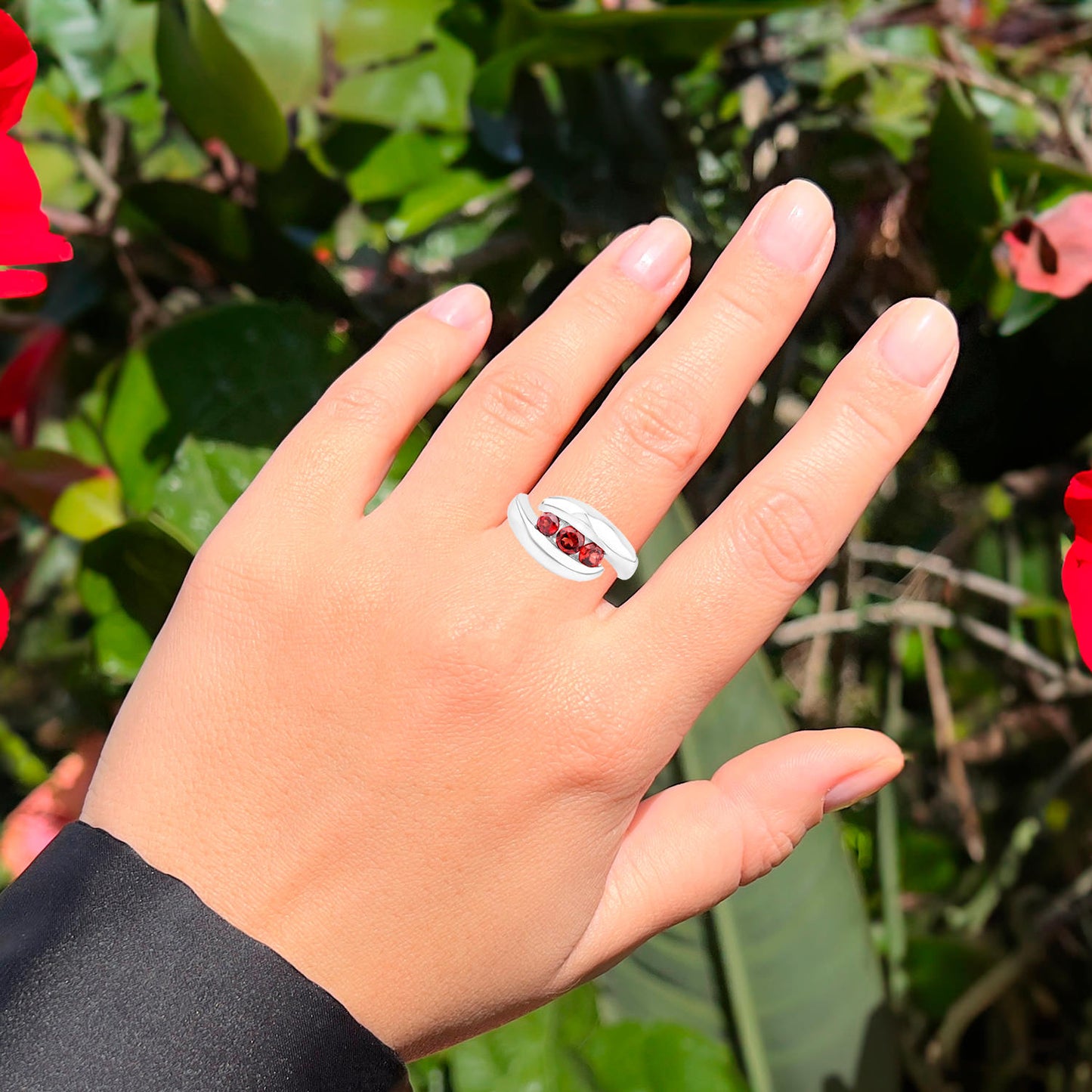 Natural Red Garnet Bypass Ring 0.75 Carats Sterling Silver