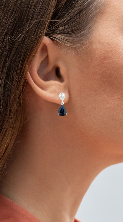 Blue Sapphire Teardrop Earrings Diamonds 2.7 Carats 14K White Gold