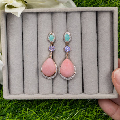 Pink Opal Dangle Earrings Amazonite Tanzanite 18K Rose Gold Plated Silver