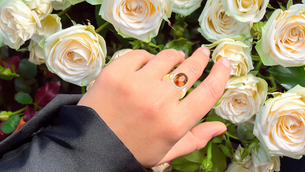 Zanzibar Orange Zircon Ring White Zircon Halo 3.95 Carats 14K Yellow Gold Plated