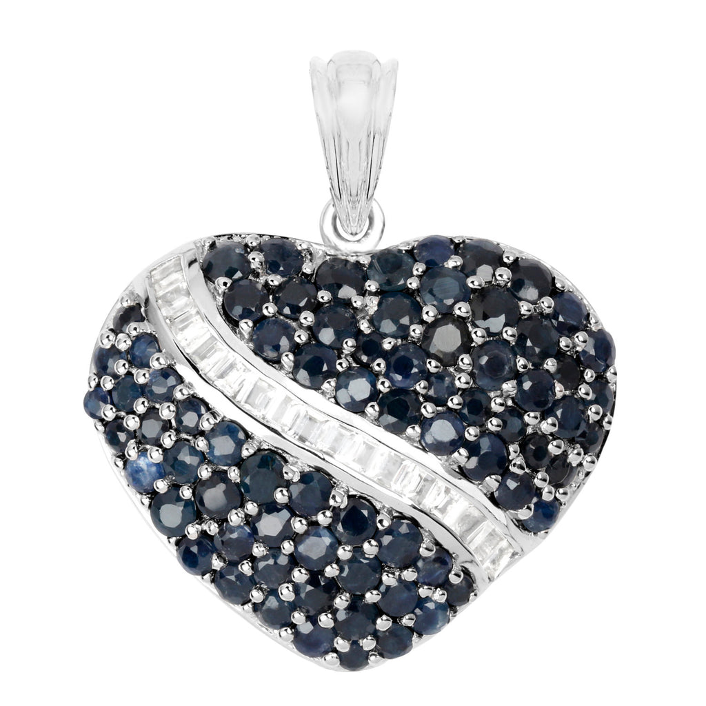 Blue Sapphire Heart Pendant With White Topaz 4.58 Carats Sterling Silver