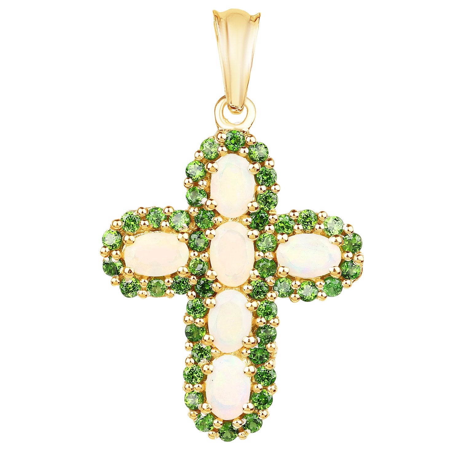 Ethiopian Opal Cross Pendant With Chrome Diopside 3.08 Carats Gold Plated Silver