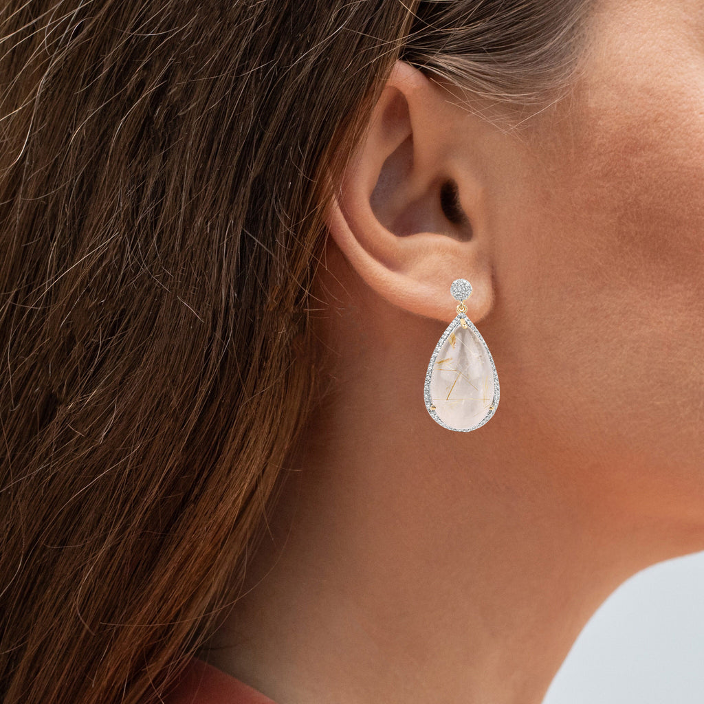 Golden Rutile Earrings With White Topaz 35.1 Carats Gold Plated Silver