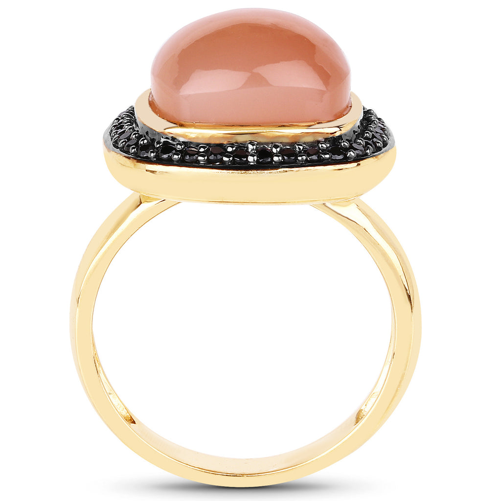 Peach Moonstone Ring With Black Spinel 7.54 Carats Gold Plated Silver