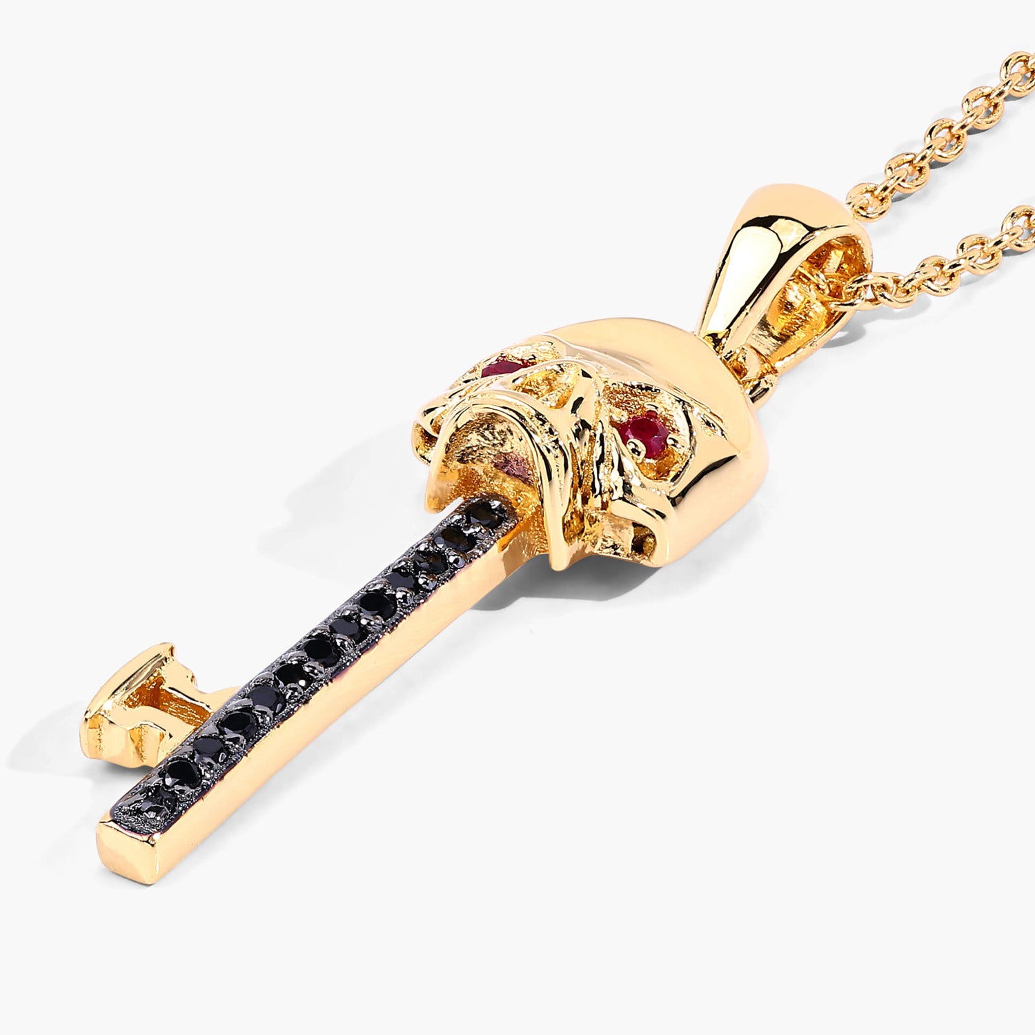 Ruby Skull Key Pendant With Black Spinel 0.1 Carats Gold Plated Silver