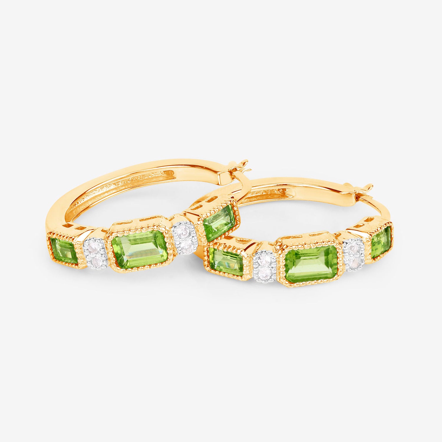 Natural Peridot Hoop Earrings White Topaz 2.44 Carats 14K Gold Plated Silver