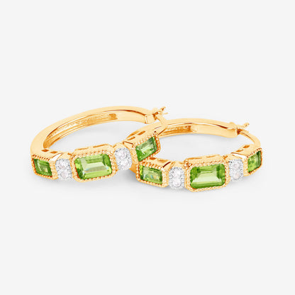 Natural Peridot Hoop Earrings White Topaz 2.44 Carats 14K Gold Plated Silver