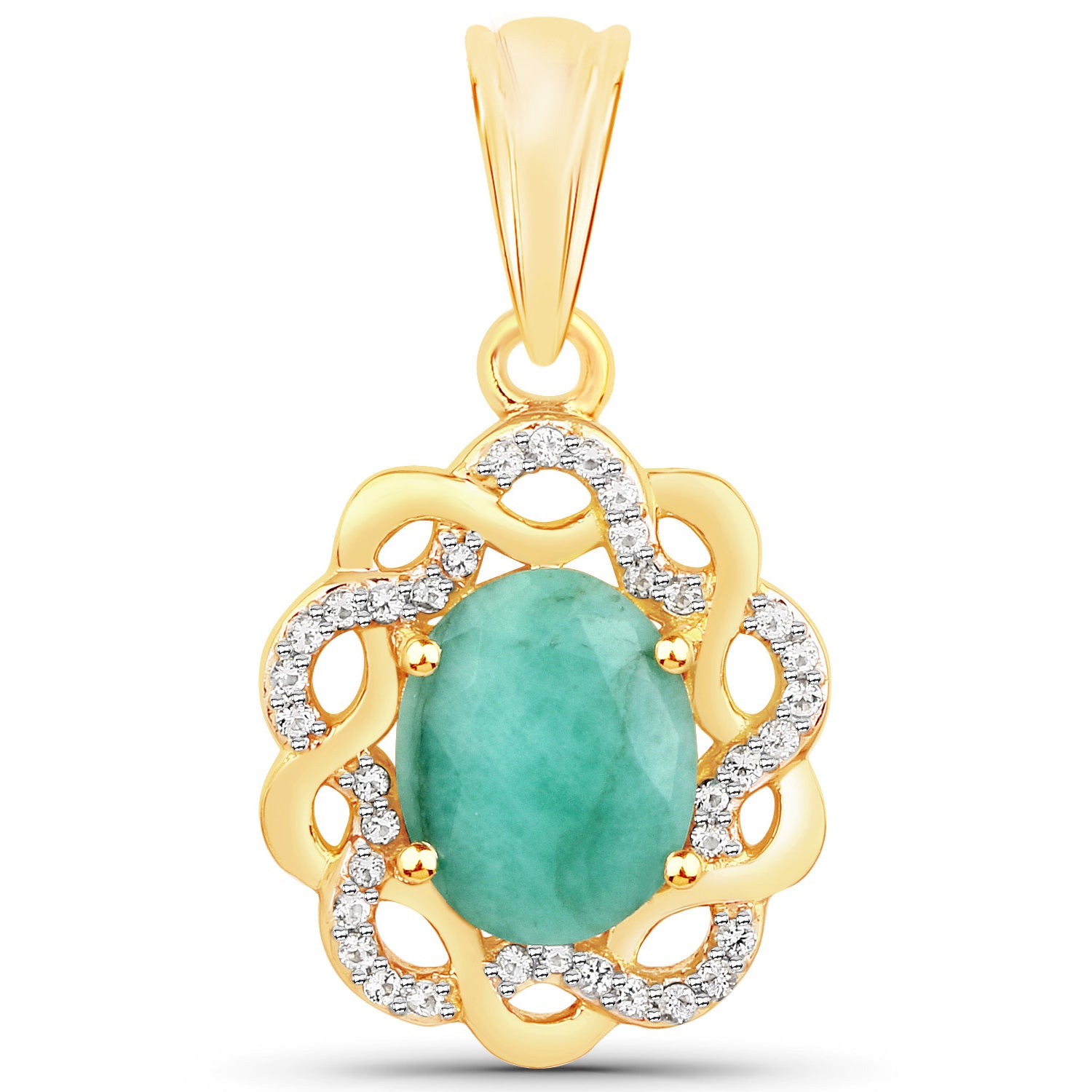 Emerald Pendant With White Topaz 2.74 Carats Gold Plated Silver