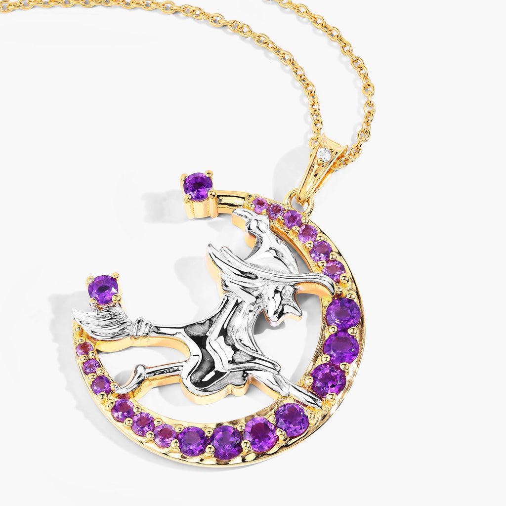 Amethyst Witch Pendant With White Topaz 0.96 Carats Gold Plated Silver