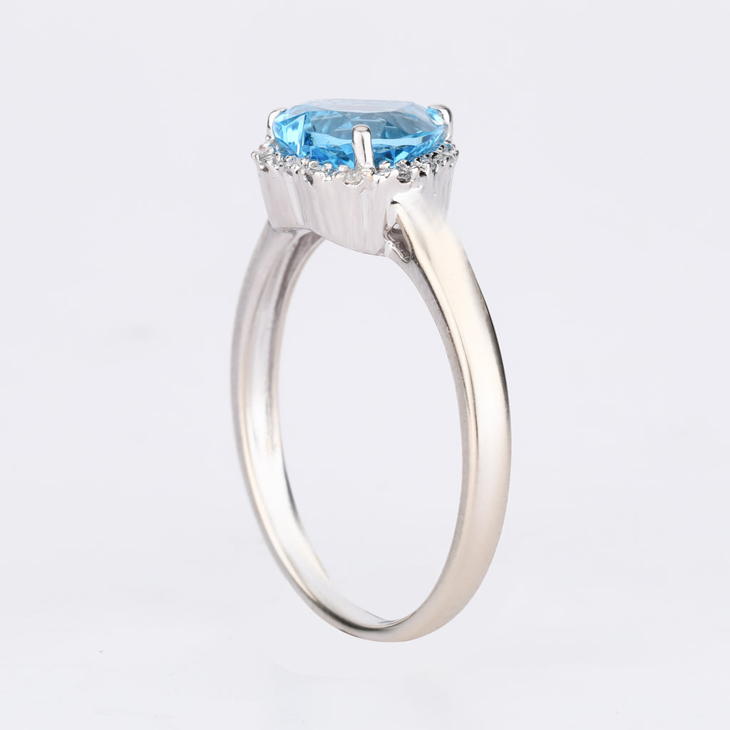 Swiss Blue Topaz Heart Ring With Diamonds 2.15 Carats 9K White Gold