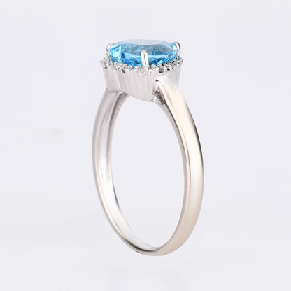 Swiss Blue Topaz Heart Ring With Diamonds 2.15 Carats 9K White Gold