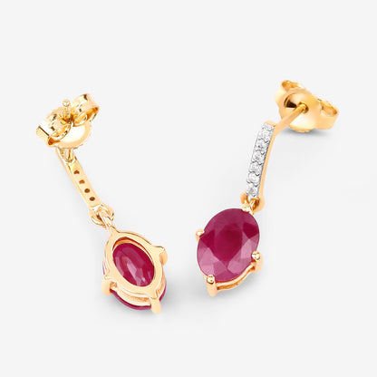 Ruby Dangle Earrings Diamonds 1.74 Carats 10K Yellow Gold