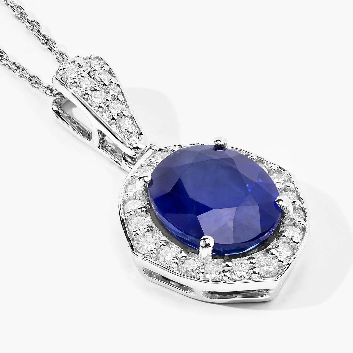 Blue Sapphire Pendant With Diamonds 2.82 Carats 18K White Gold