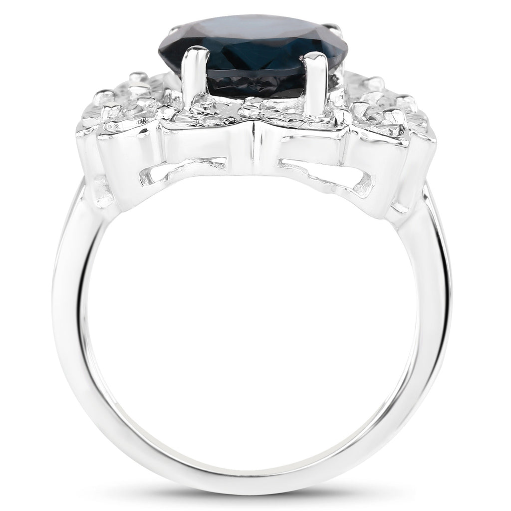 London Blue Topaz Flower Ring With Diamonds 5.08 Carats Sterling Silver