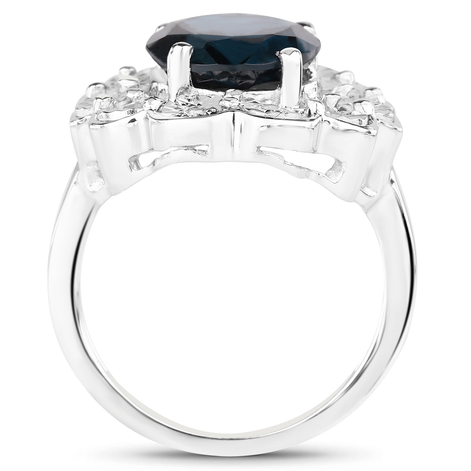 London Blue Topaz Flower Ring With Diamonds 5.08 Carats Sterling Silver