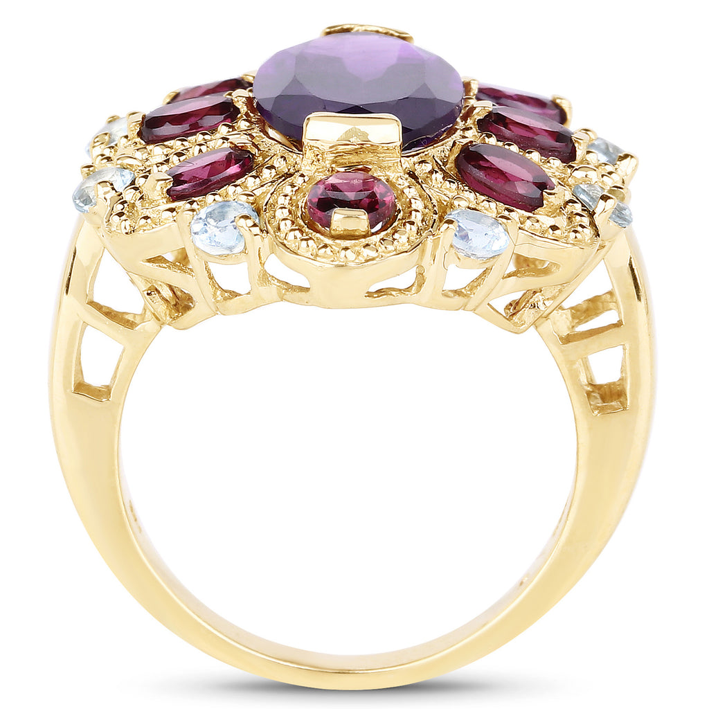 Amethyst Flower Ring With Rhodolite Garnet 6.76 Carats Gold Plated Silver