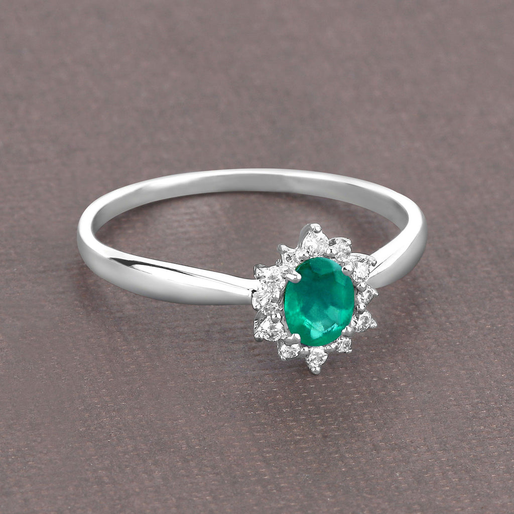 Zambian Emerald Ring With Diamonds 0.36 Carats 14K White Gold