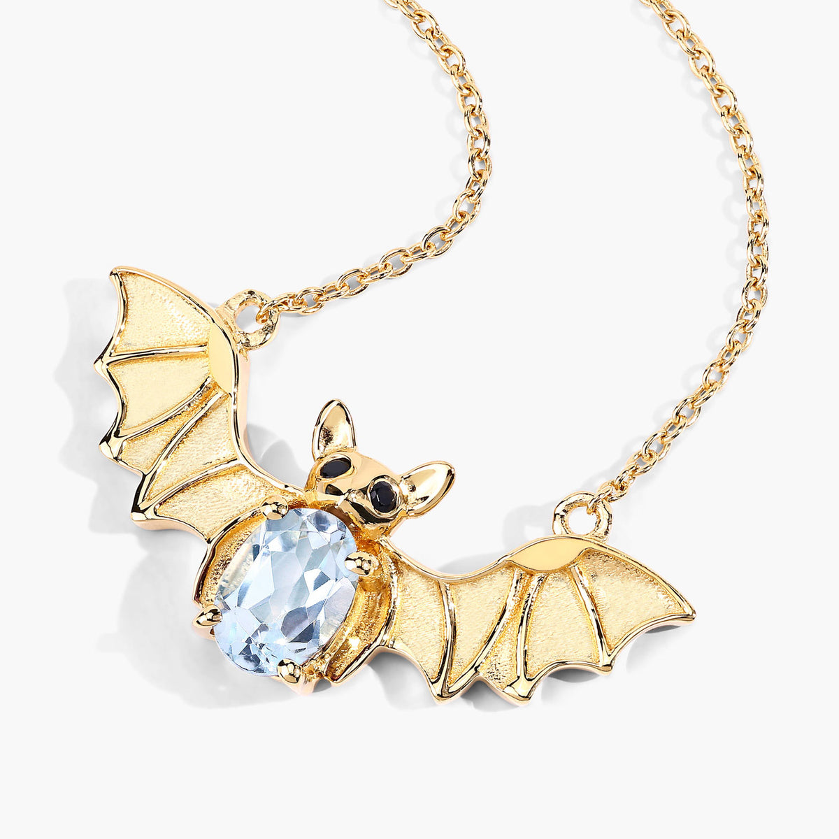 Blue Topaz Bat Necklace With Black Spinel 0.96 Carats Gold Plated Silver