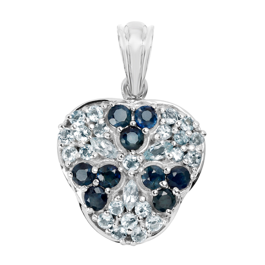 Blue Sapphire Flower Pendant With Aquamarine 2.66 Carats Sterling Silver