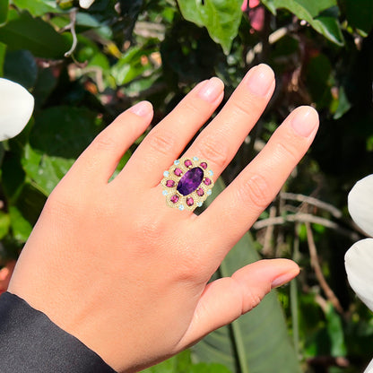 Amethyst Cocktail Ring Rhodolite Garnets and Blue Topazes 9.10 Carats