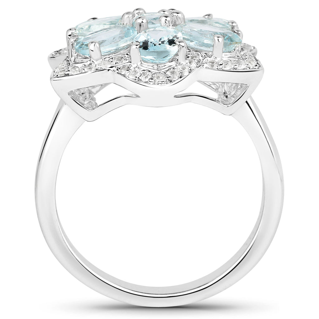 Aquamarine Flower Ring With White Zircon 2.82 Carats Sterling Silver