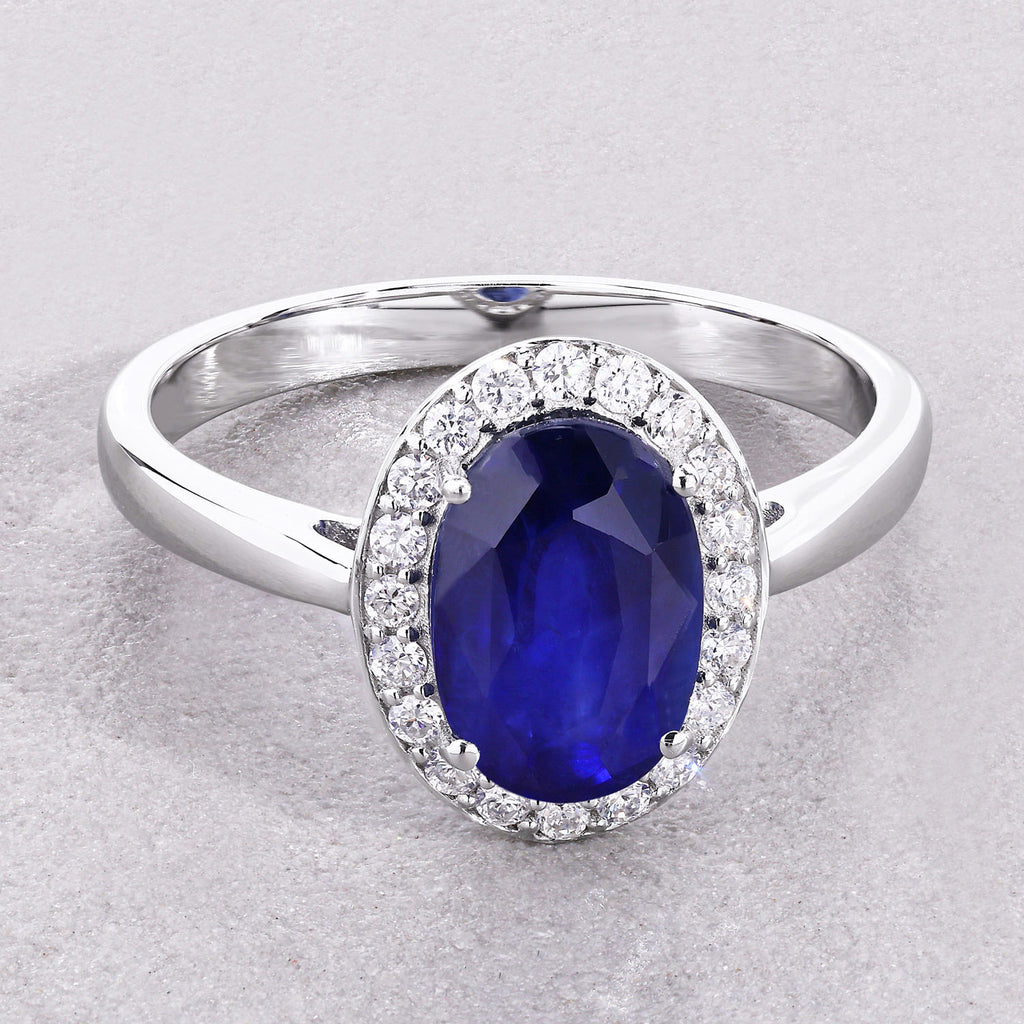 Blue Sapphire Ring With Diamonds 2.26 Carats 18K White Gold