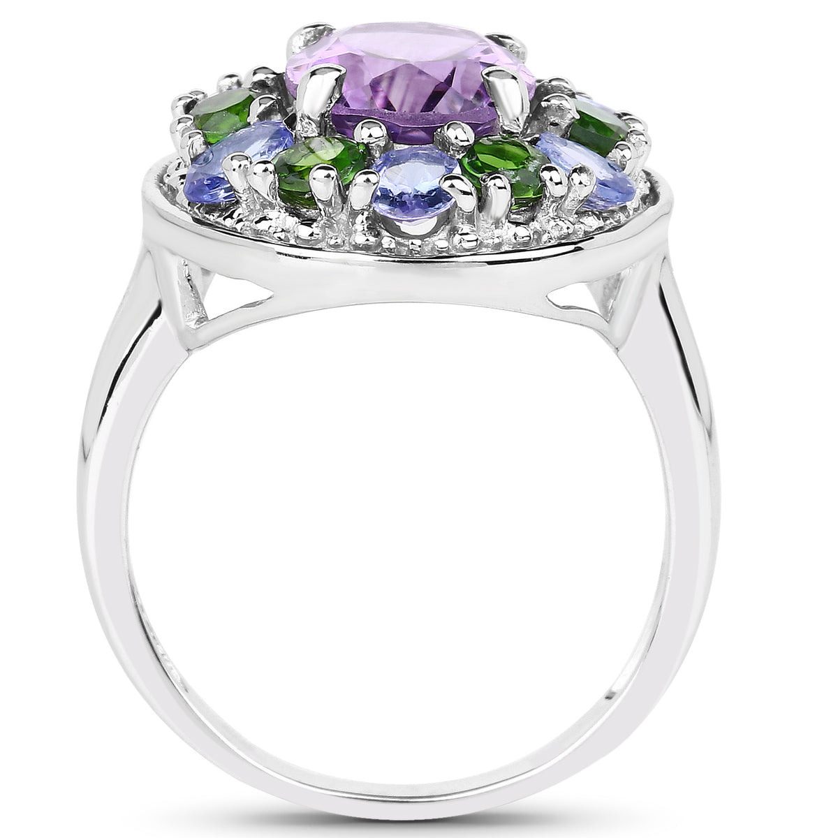 Amethyst Ring With Tanzanite and Chrome Diopside 3.84 Carats Sterling Silver