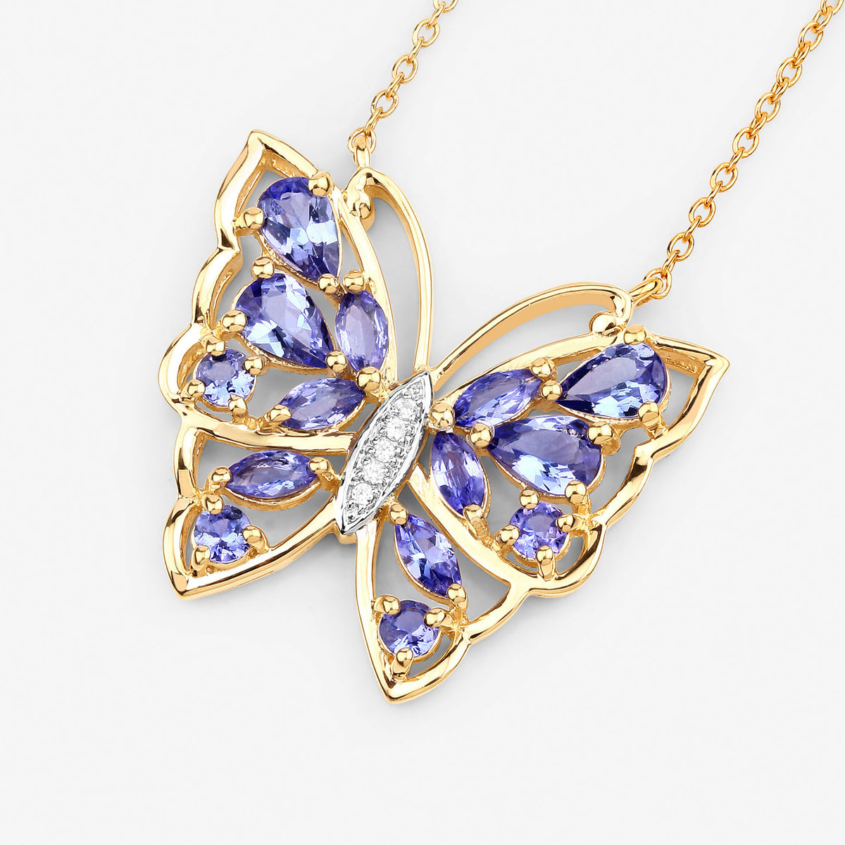 Tanzanite Butterfly Necklace White Zircon 2.68 Carats Gold Plated Silver