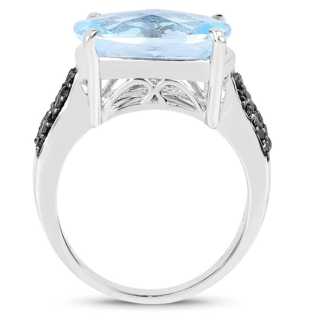 Swiss Blue Topaz Ring With Black Diamonds 3.94 Carats Sterling Silver