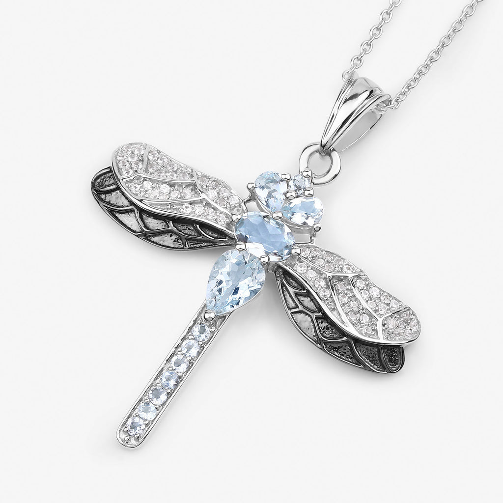 Aquamarine Dragonfly Pendant With White Zircon 1.76 Carats Sterling Silver