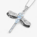 Aquamarine Dragonfly Pendant With White Zircon 1.76 Carats Sterling Silver
