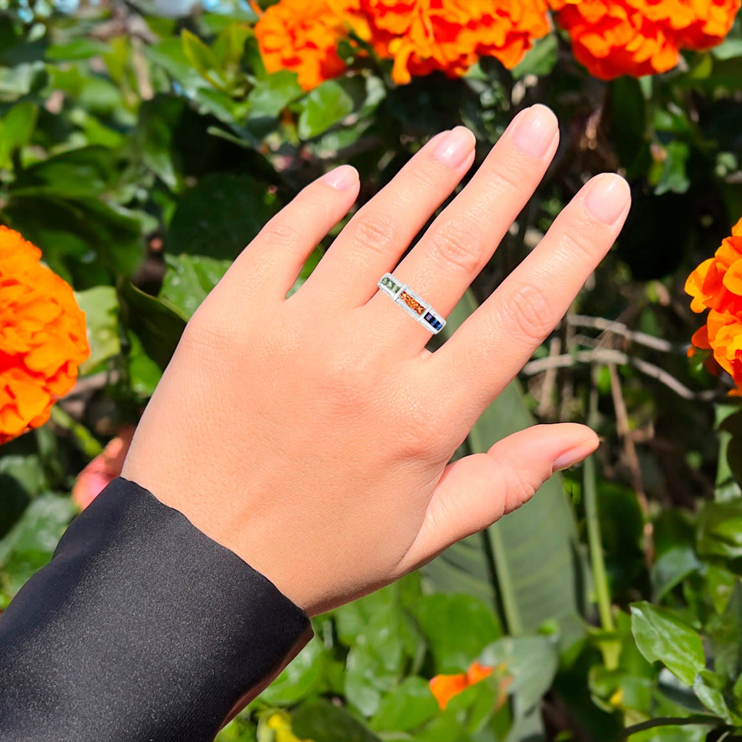 Multicolored Sapphires Ring Green Orange Blue Sterling Silver