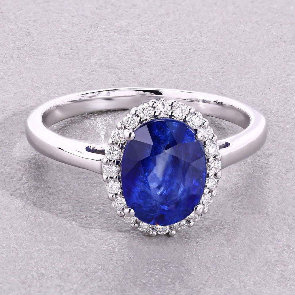 Blue Sapphire Ring With Diamonds 2.54 Carats 18K White Gold