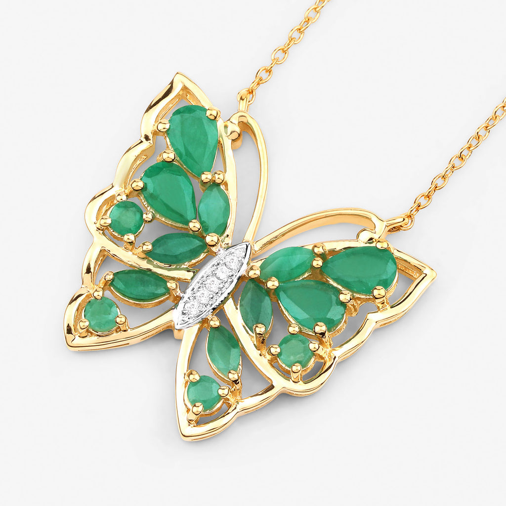 Emerald Butterfly Necklace White Zircon 2.52 Carats Gold Plated Silver