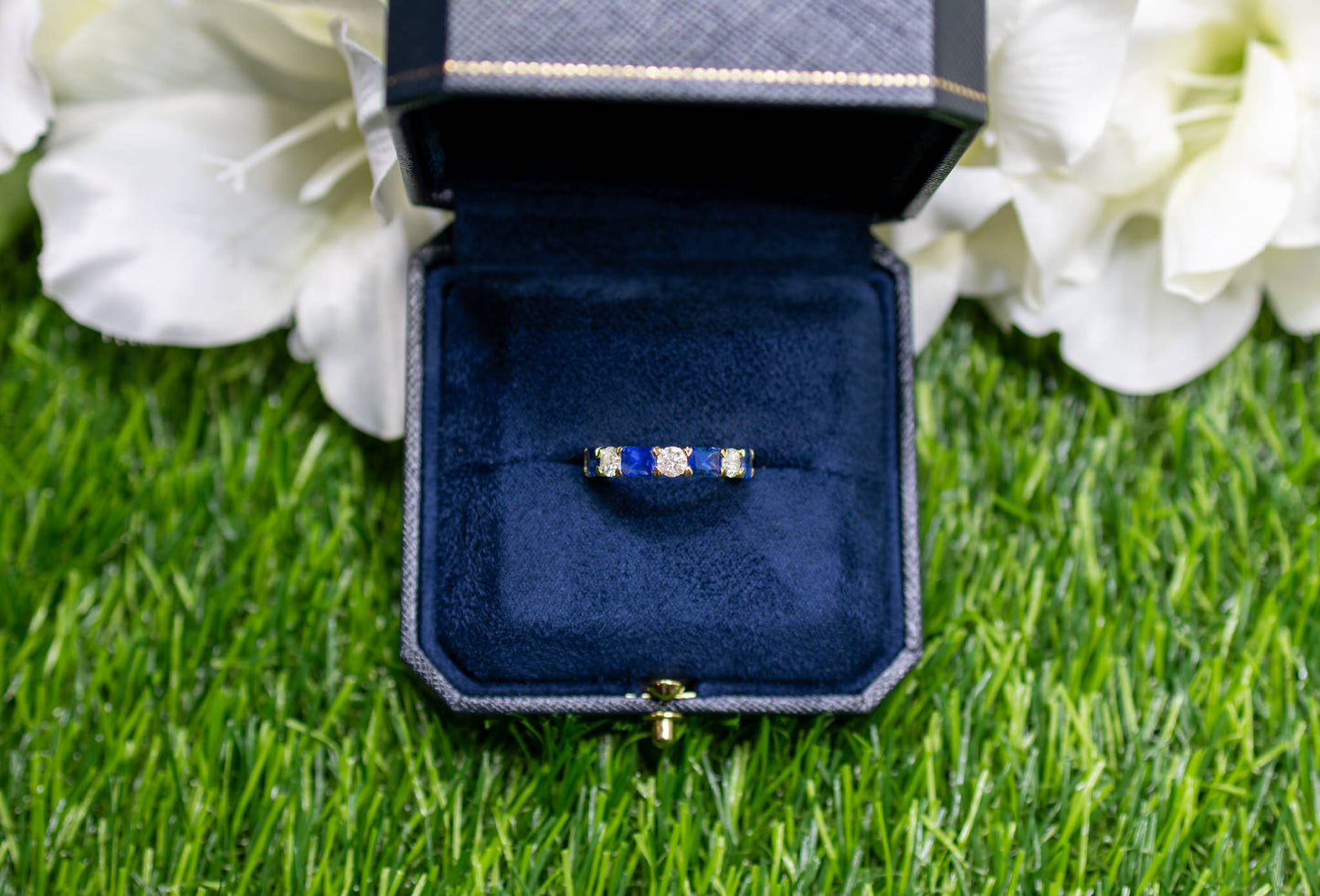 Blue Sapphires Diamonds Half Eternity Band Ring 3.29 Carats 18K Yellow Gold