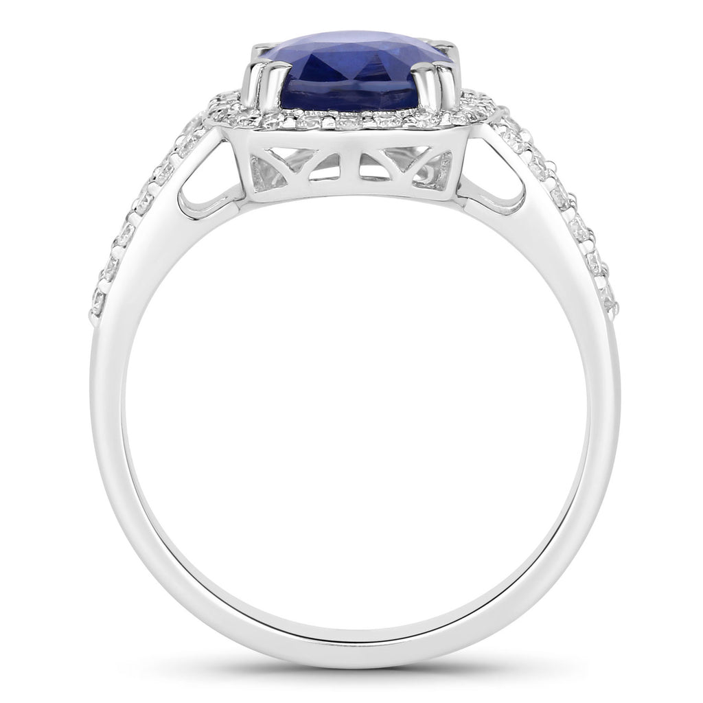 Blue Sapphire Ring With Diamonds 3.52 Carats 18K White Gold