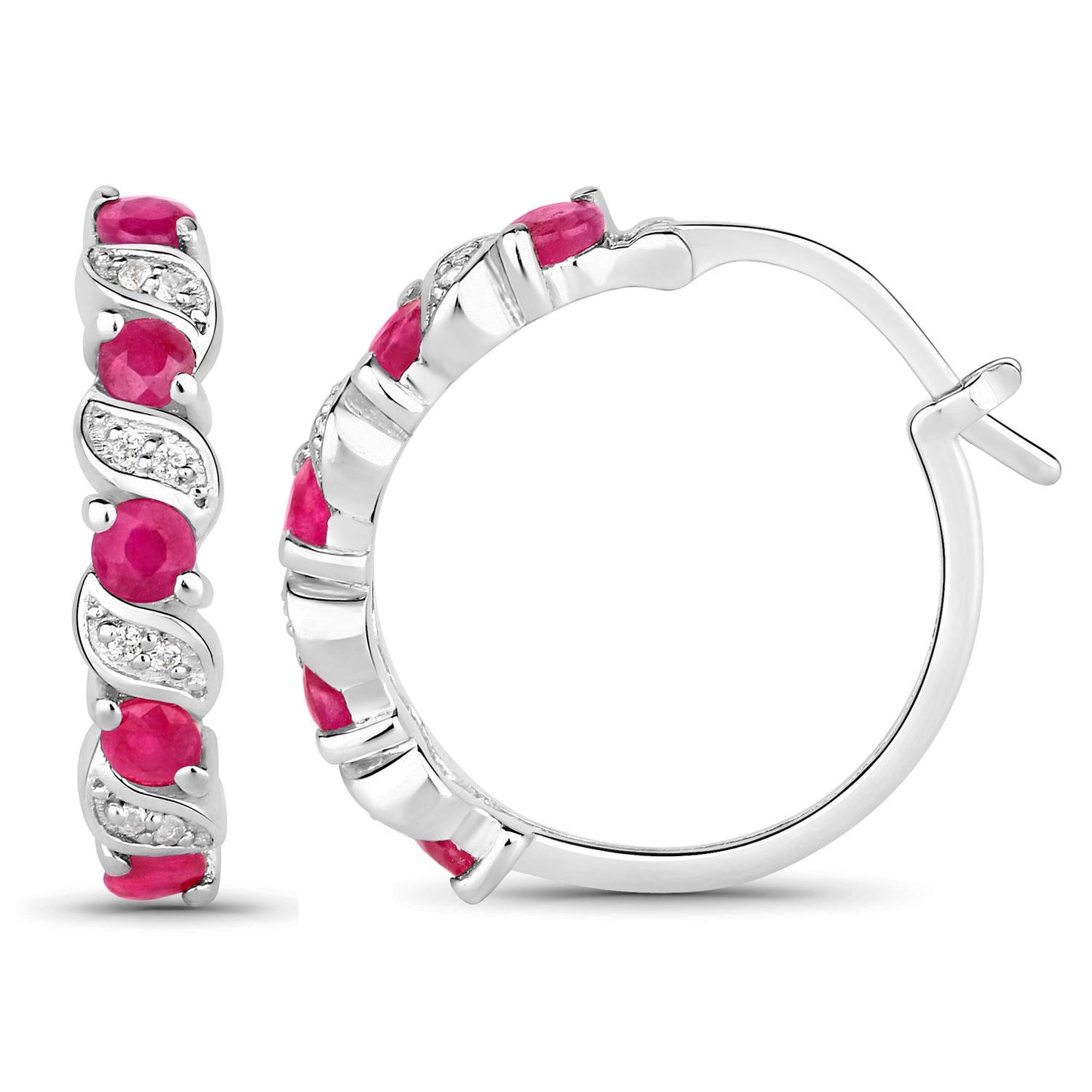Ruby Hoop Earrings With White Topaz 1.36 Carats Sterling Silver
