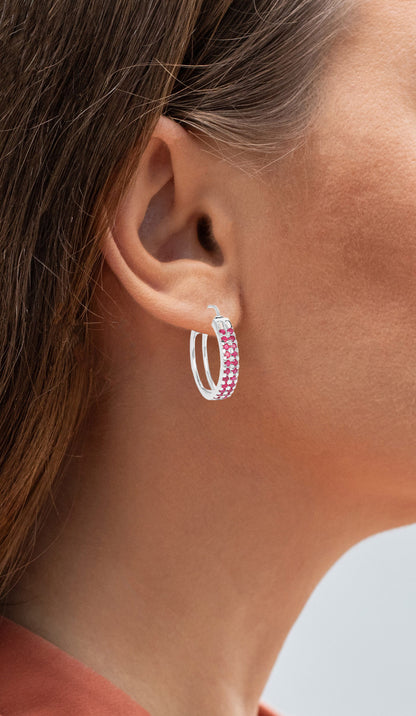 Ruby Cluster Hoop Earrings 1.9 Carats Rhodium Plated Silver