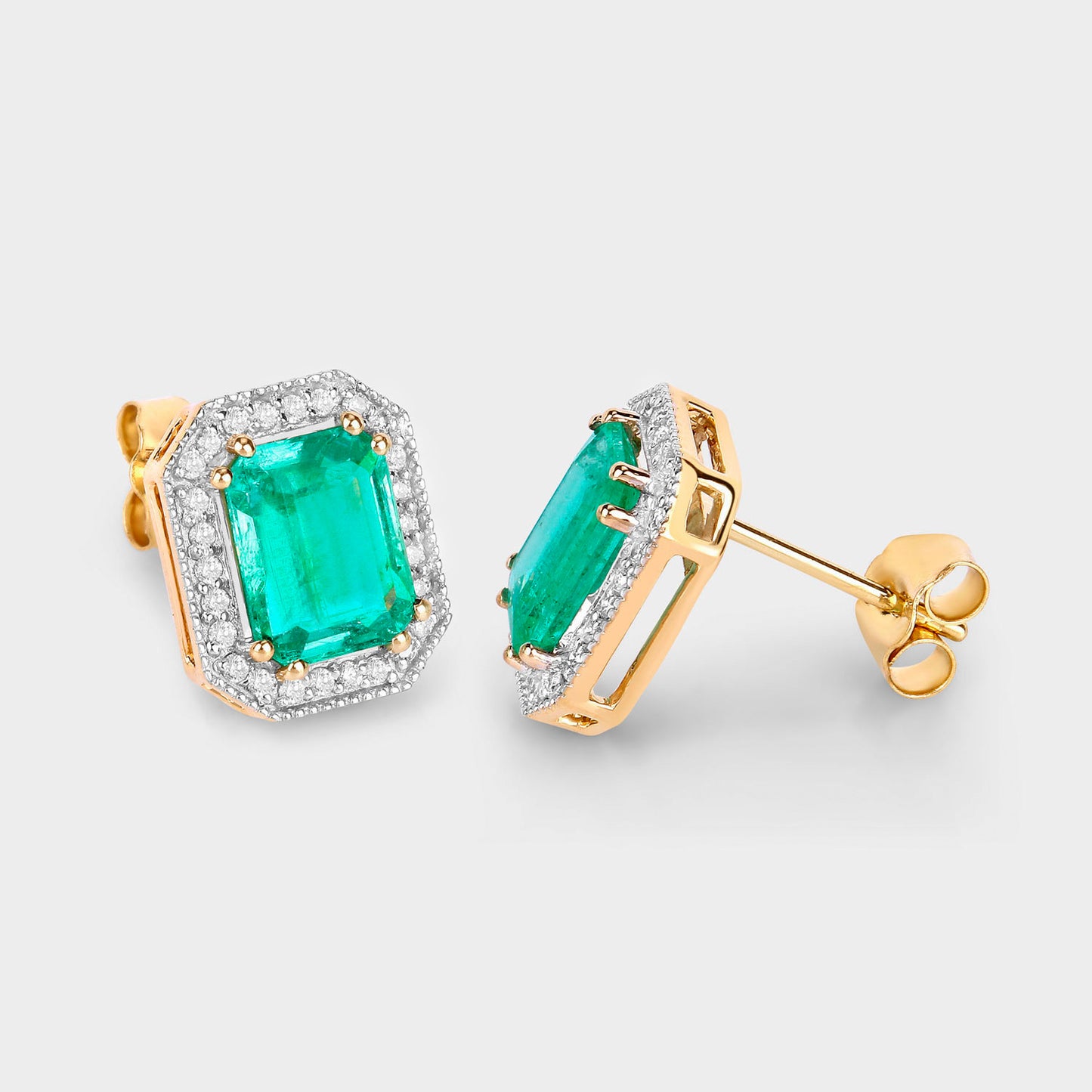 Ethiopian Emerald Stud Earrings Diamond Halo 2.9 Carats 14K Yellow Gold