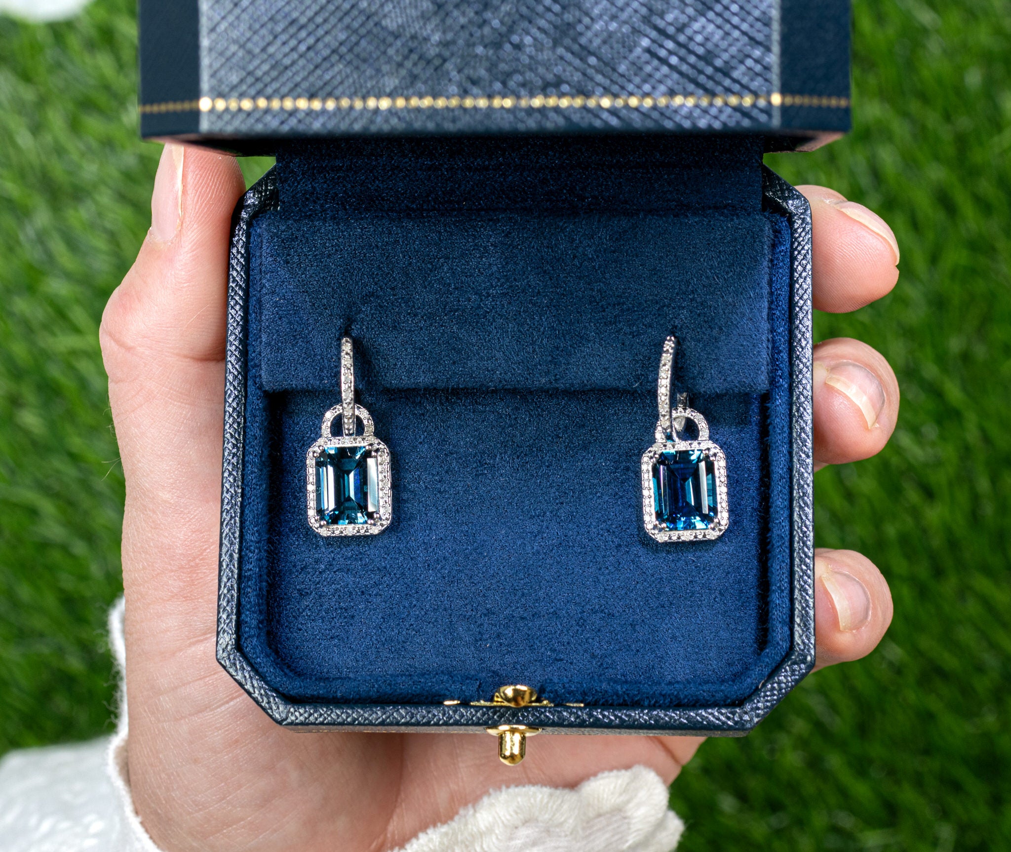 London Blue Topaz Dangle Earrings Diamonds 7.95 Carats Sterling Silver