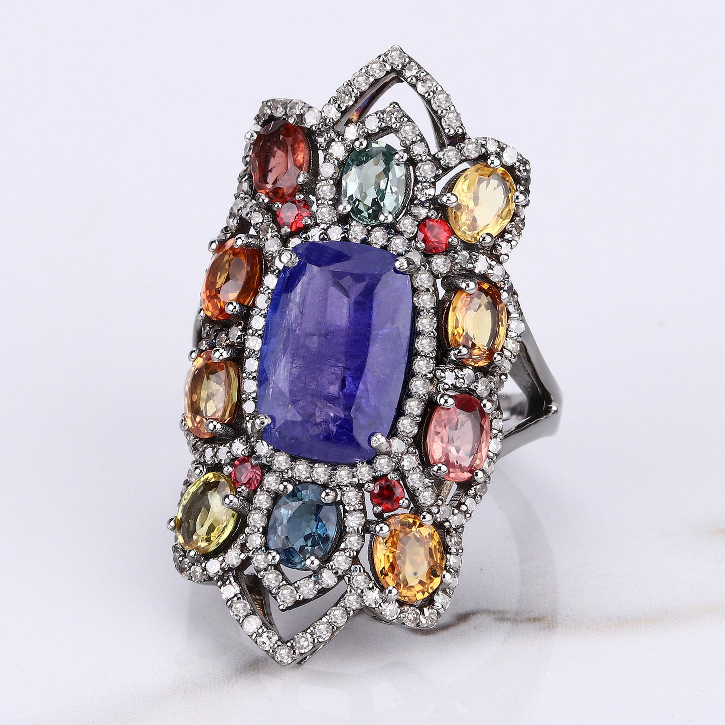 Natural Mixed Gemstones Ring With Diamonds 11.4 Carats Sterling Silver