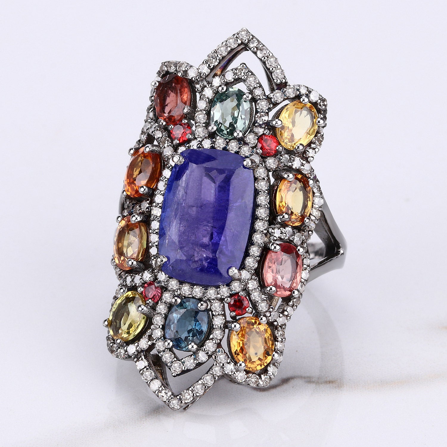 Natural Mixed Gemstones Ring With Diamonds 11.4 Carats Sterling Silver