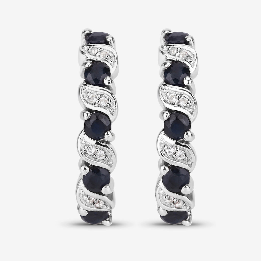 Blue Sapphire Hoop Earrings With White Topaz 1.24 Carats Sterling Silver