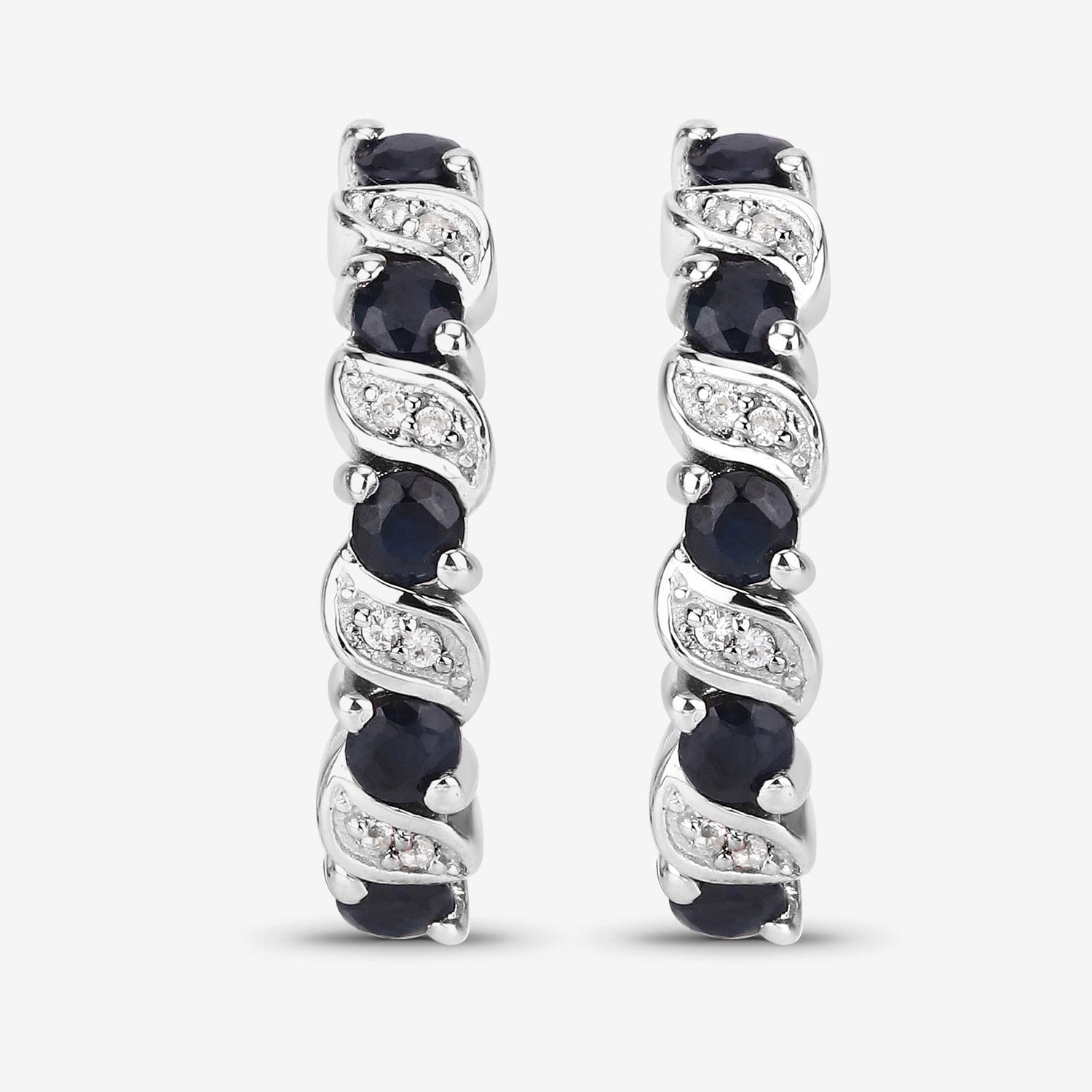Blue Sapphire Hoop Earrings With White Topaz 1.24 Carats Sterling Silver