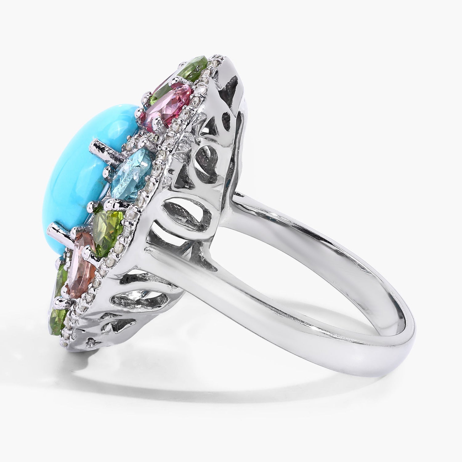 Turquoise Ring With Multicolor Tourmaline 6.56 Carats Sterling Silver