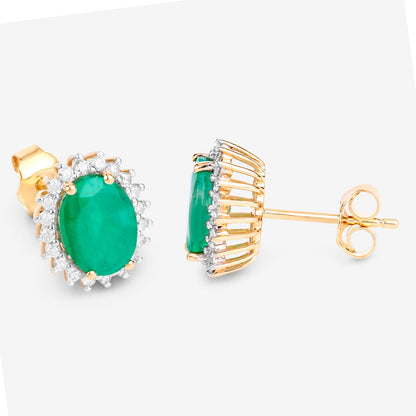 Zambian Emerald Earrings Diamonds Halo 2.65 Carats 10K Yellow Gold