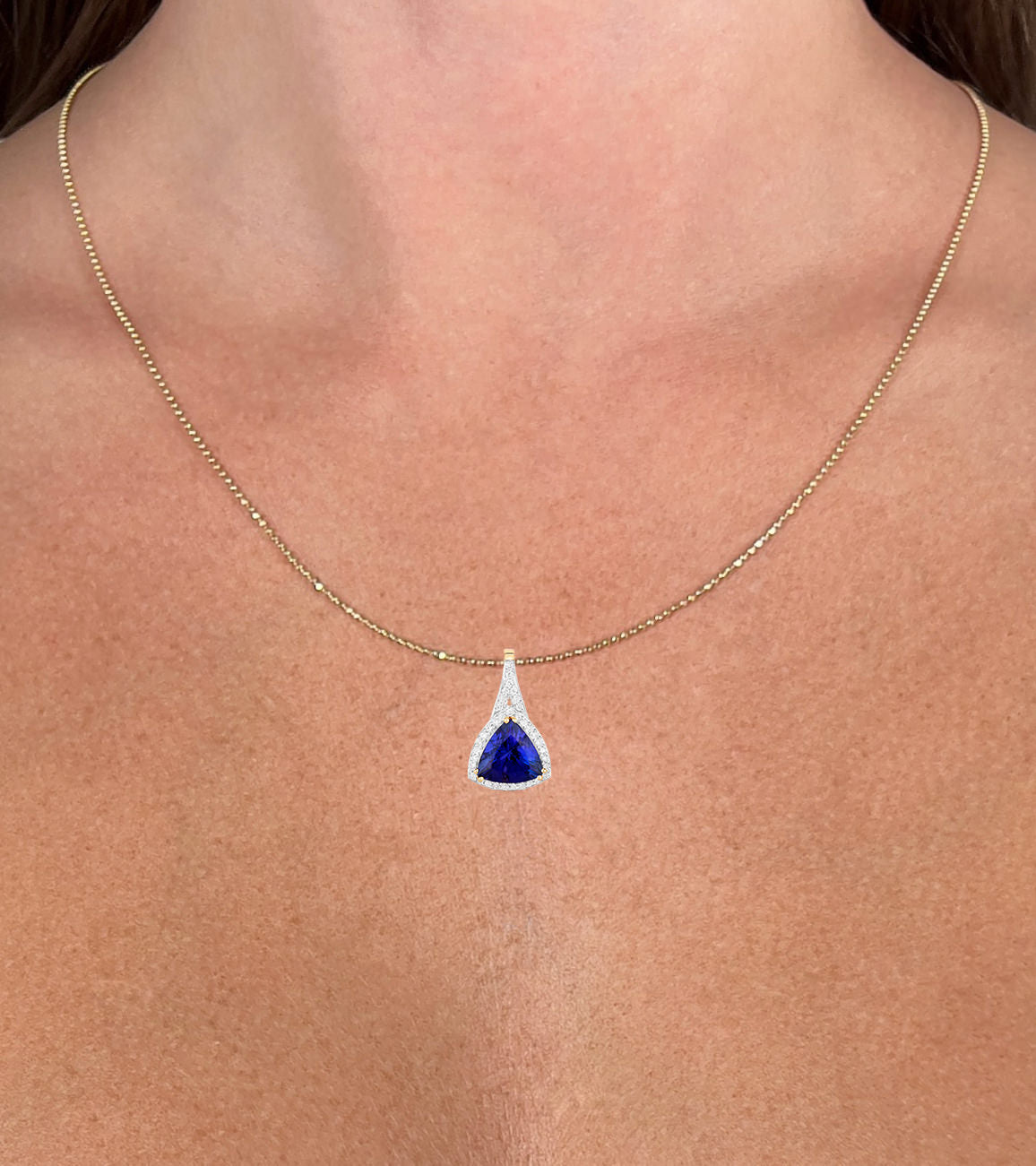 Tanzanite Necklace With Diamond Halo 2.64 Carats 14K Yellow Gold